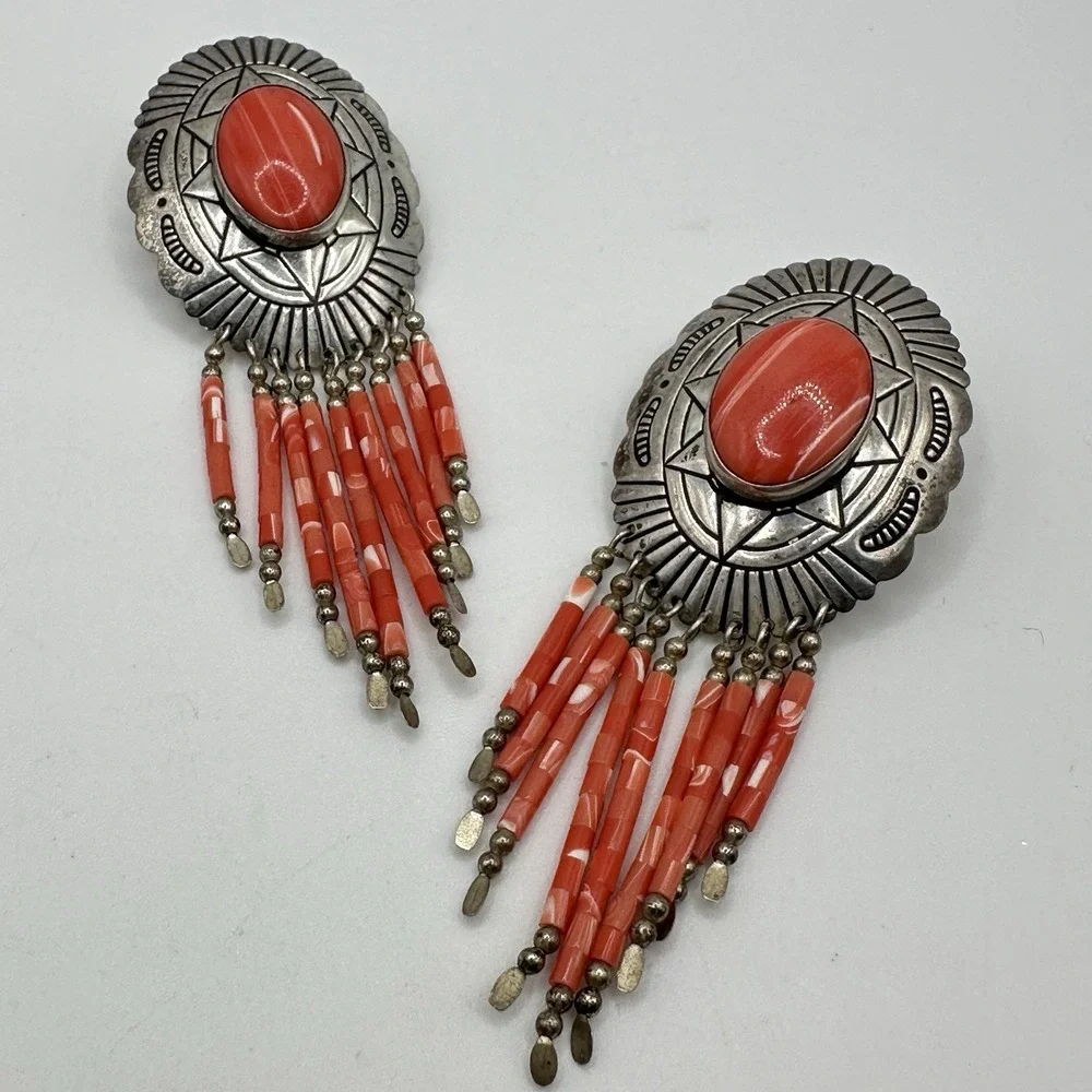 Navajo Sterling Silver Coral Dangle Earrings TK Emerson Southwestern Pierced 3